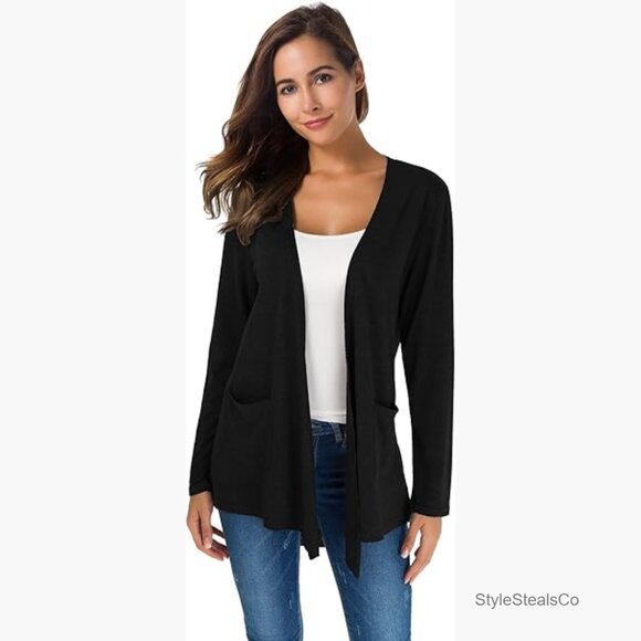 Sweaters - Lightweight Open Front Cardigan with Pockets, Loose Fit, Polyester Blend